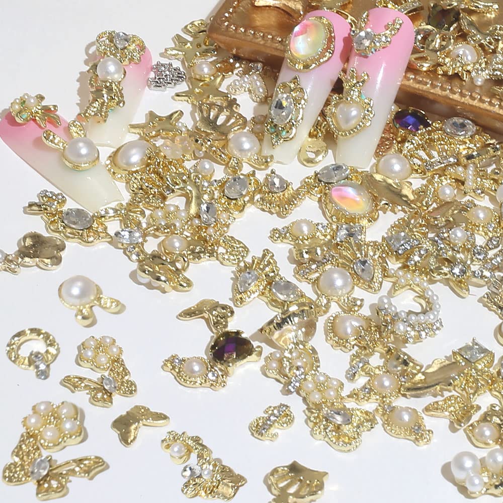 Dornail 50pcs Gold Nail Charms for Acrylic Nails, Mix Styles Shiny Pearl Alloy Nail Rhinestones Flower Butterfly Heart Star Charms for Nails Women Nail Jewels Nail Decorations for Nail Art Charms