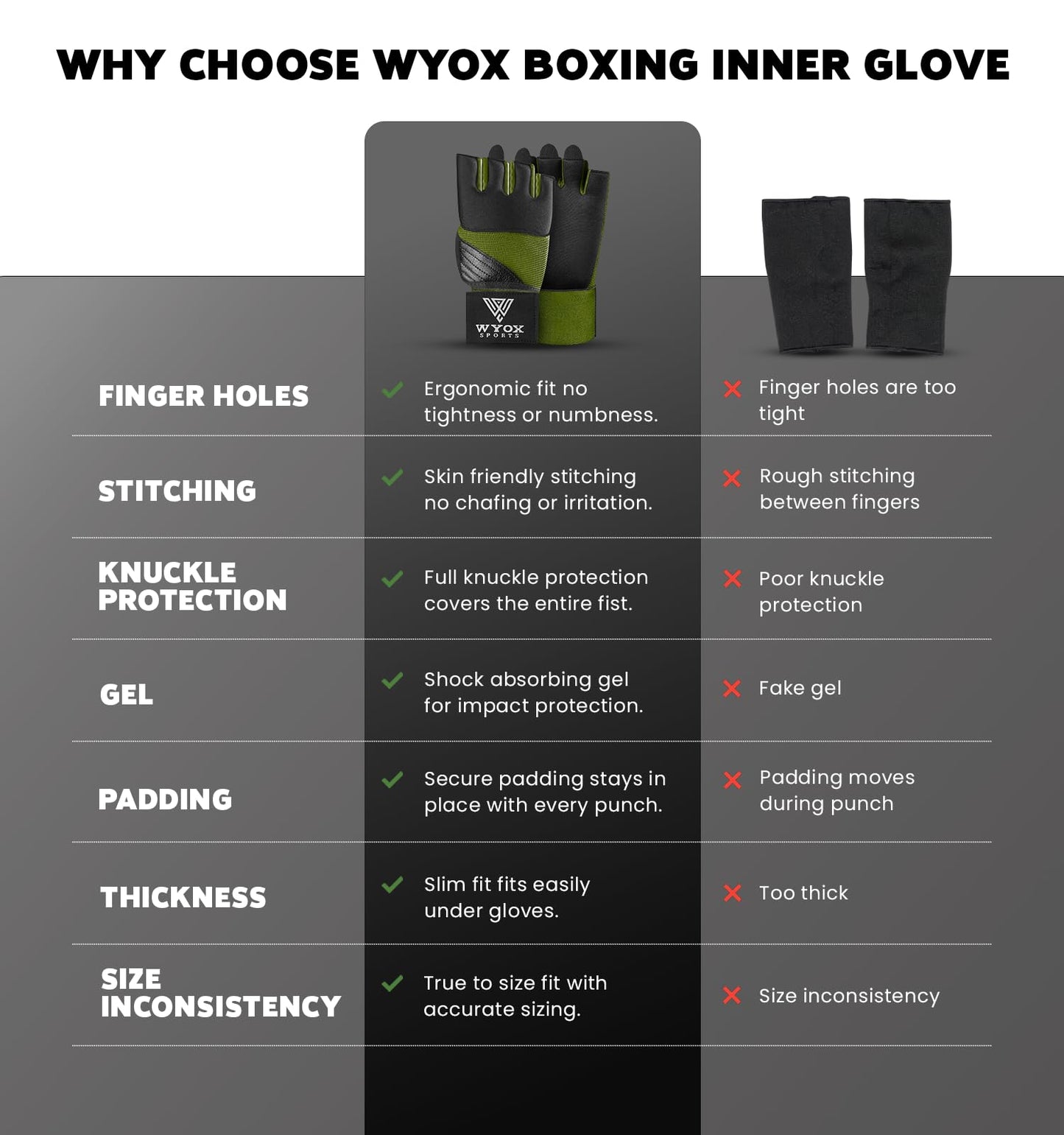 WYOX Gel Boxing Hand Wraps Inner Gloves for Men & Women, 80cm Quick Wrist Straps, Padded Knuckle Protection for Muay Thai Kickboxing, Hand Wraps for Boxing & Martial Arts (Army Green, S/M)