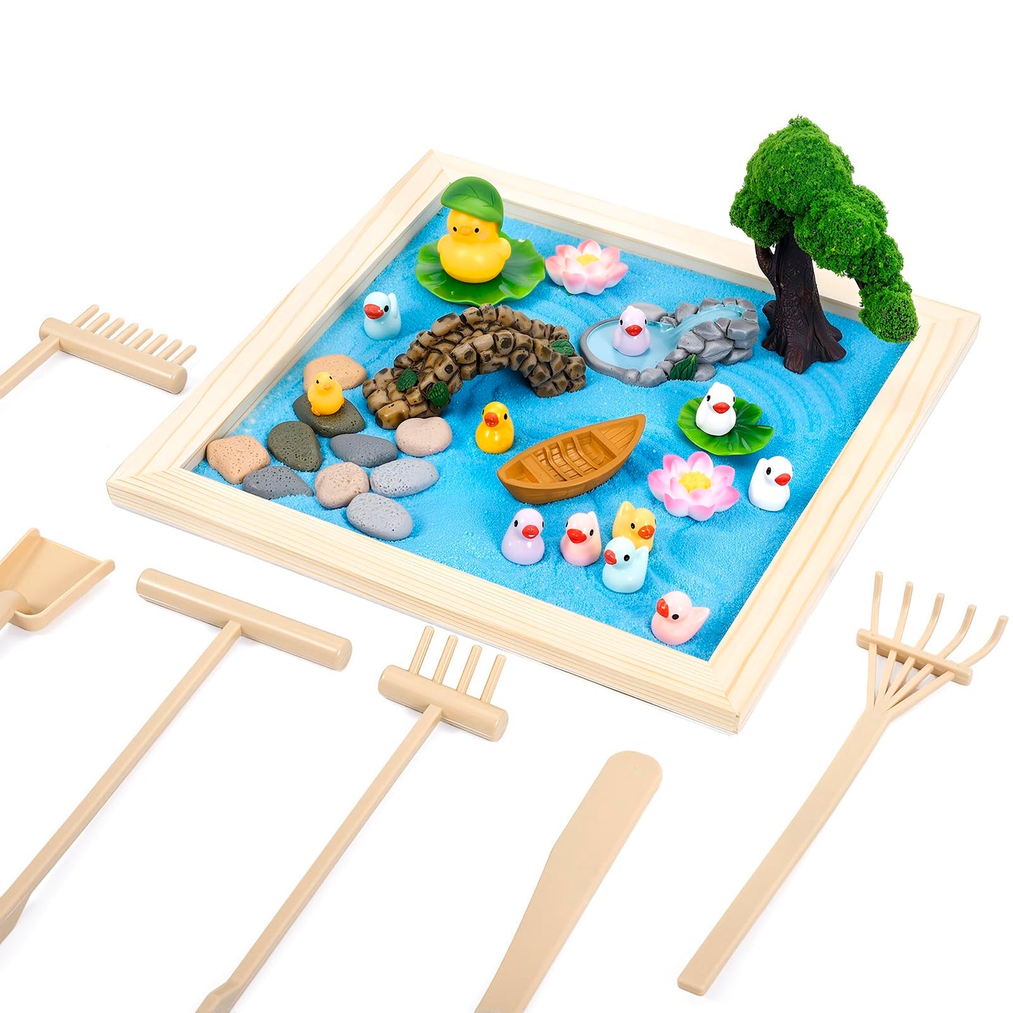 Angirlish 43PCS Zen Garden Kit for Desk, Mini Sandbox Set Gifts Included Wooden Tray Sand Tools Mini Resin Ducks and Accessories, Sand Tray Therapy for Meditation Room Office Home(Duck)