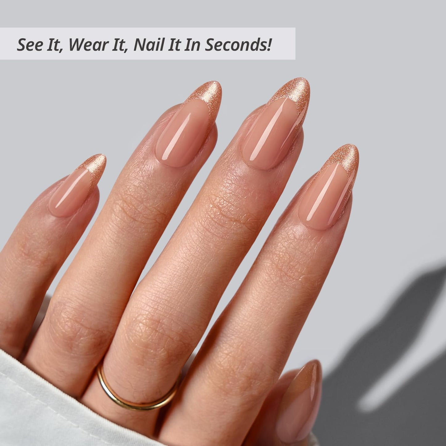 BTArtbox Press On Nails Medium - Golden Age, Lamp-Curable Almond Spakly French Tip Press On Nails with Glue and Adhesive Tabs for Women, Soft Gel Glue On Nails in 15 Sizes - 30 Stick On Nails Kit