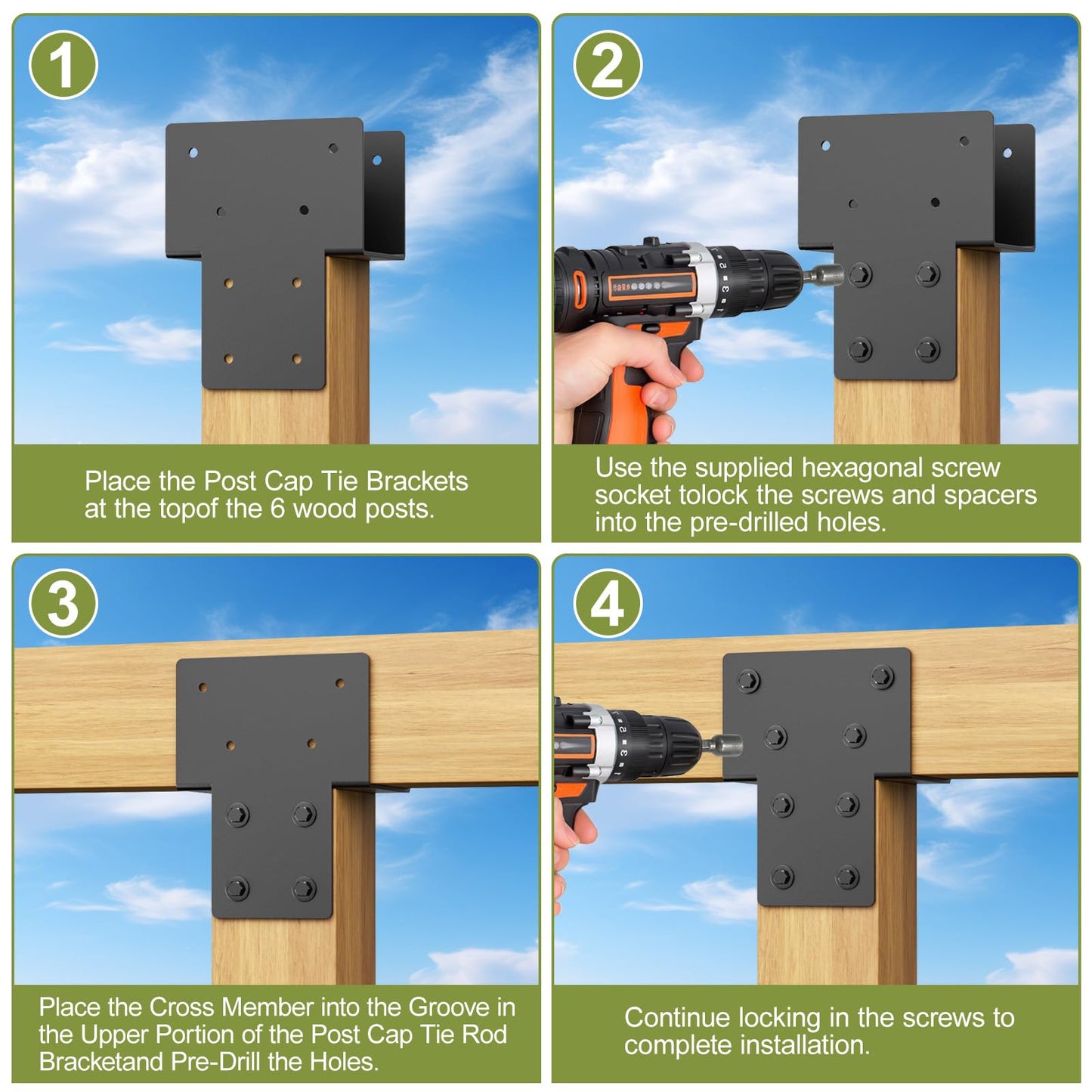 6x6 Post Caps Tie Brackets (Actual 5.5"x5.5") -2 Pack Heavy Duty Galvanized Steels Pergola Connector Brackets for Wood Posts, Gazebo & Deck Beams (Black)