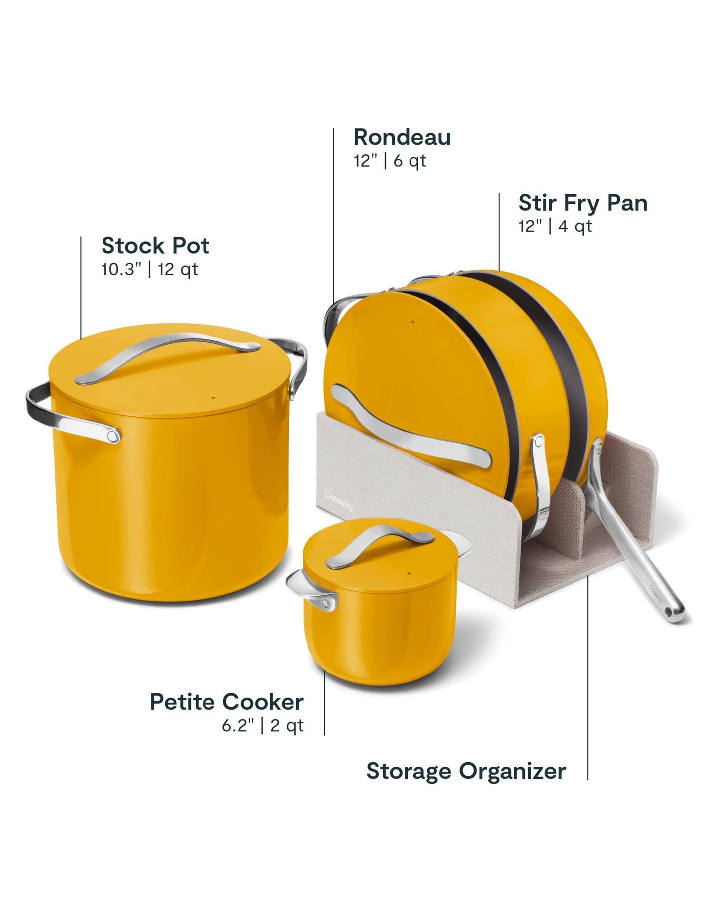 Caraway Cookware+ Collection - Specialty Cookware Set - Petite Cooker, Stir Fry Pan, Rondeau, & Stock Pot - 3 Lids & Storage Organizer Included - Marigold