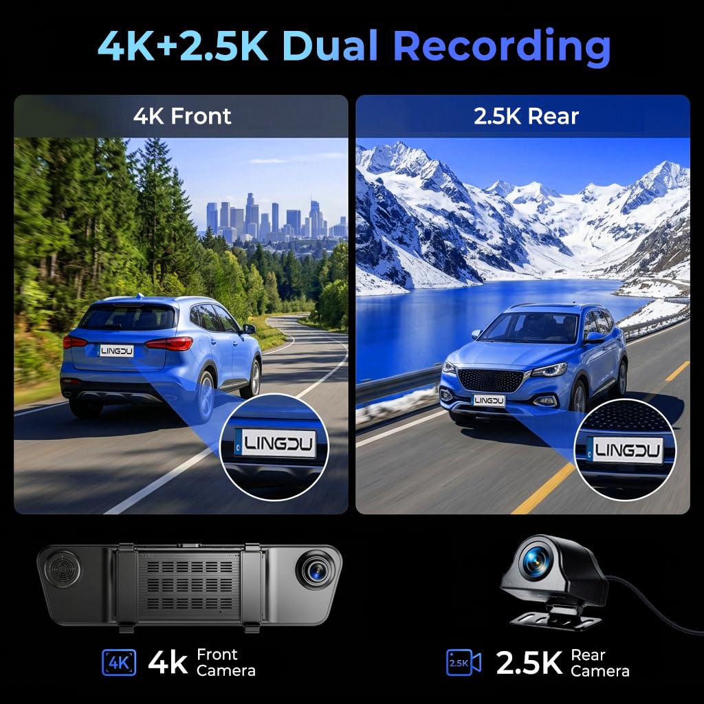 LD4K Max Mirror Dash Cam with 4K Front and 2.5K Rear Camera, STARVIS 2 Sensor, with ADAS BSD LCA Smart Mode, GPS, G-Sensor, Loop Recording, Parking Monitor, Voice Control, 5.8GHz WiFi,128GB Card