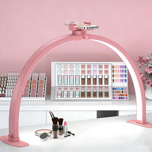 Kadden Foldable Large Half Moon LED Light for Table Nail Desk with Phone Stand, Upgrade Arch Light for Nail Techs with Wire Controller for Manicure Tattoo Beauty (Pink, Large)
