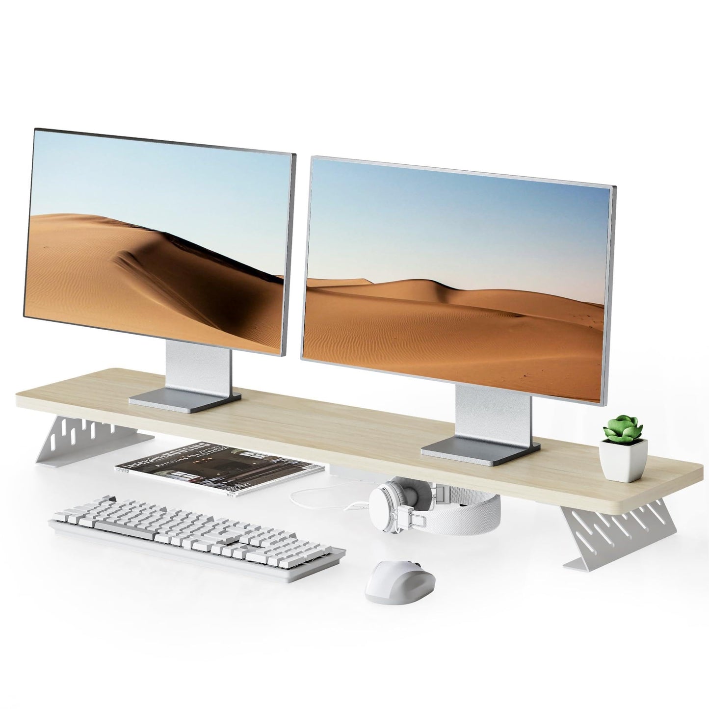 Fenge Dual Monitor Stand Riser, 42.5 Inch Desk Top Shelf for 2 Monitors, Computer Stands for Desk, Wood & Steel Desktop Riser for Laptop, PC, Printer