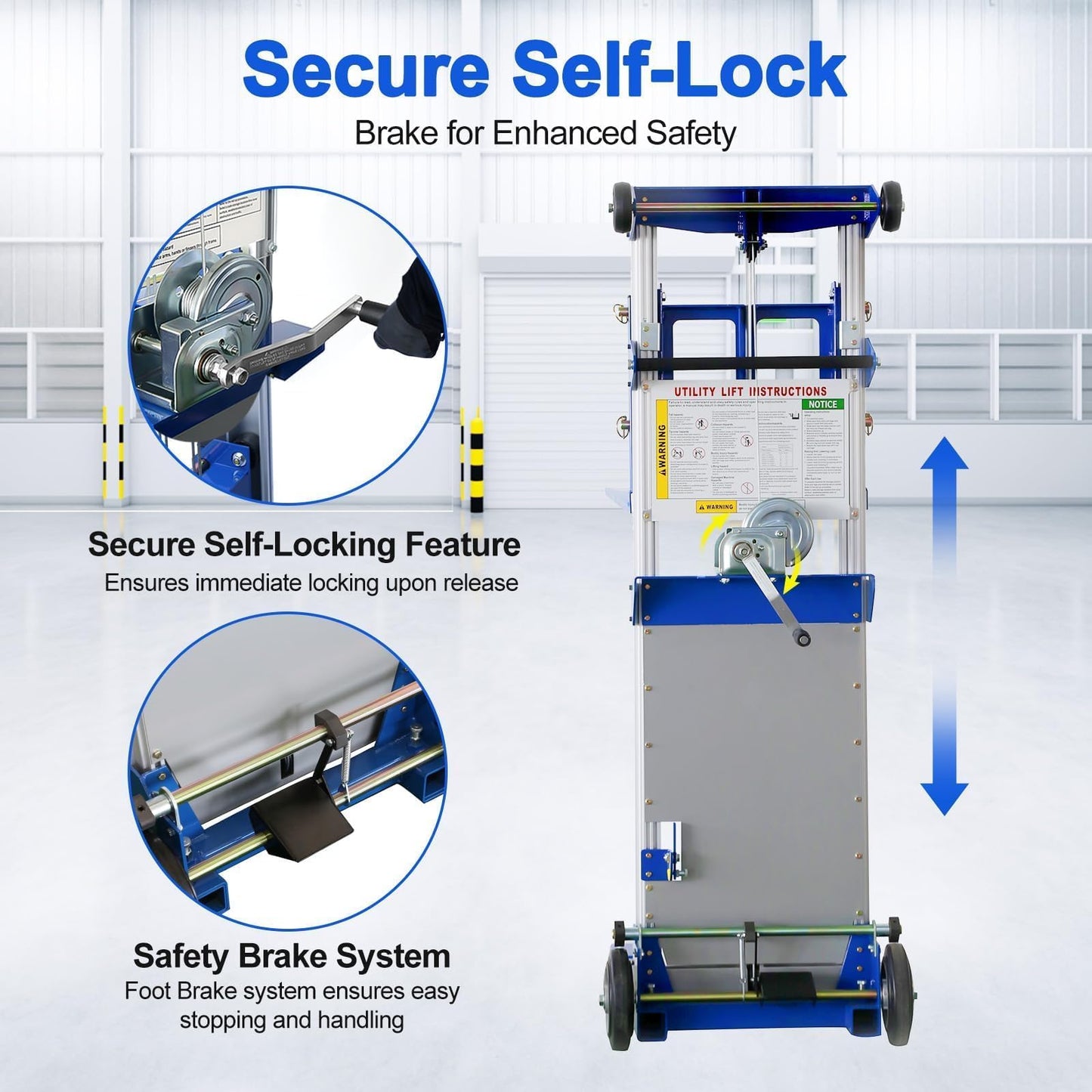ELOMBR 122" Material Lift Winch Stacker, 400 lbs Capacity Manual Material Lifts, Fixed Straddle Material Lifter, Hand Winch Lift Trucks for Warehouse, Factory, Lightweight, 34.60" L x 24.80" W, Blue