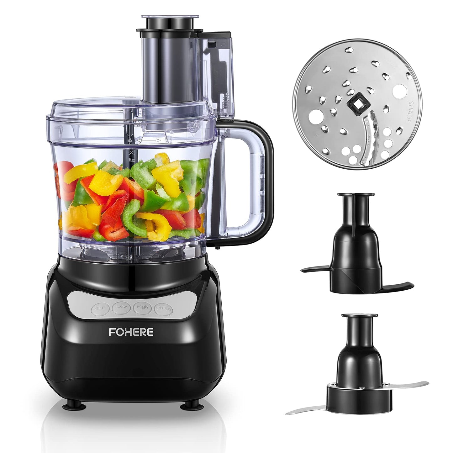 FOHERE Food Processor, 12 Cup, 2-in-1 Feed Chute Vegetable Chopper & Meat Grinder for Mincing, Dicing, Shredding, Puree & Kneading Dough, Stainless Steel