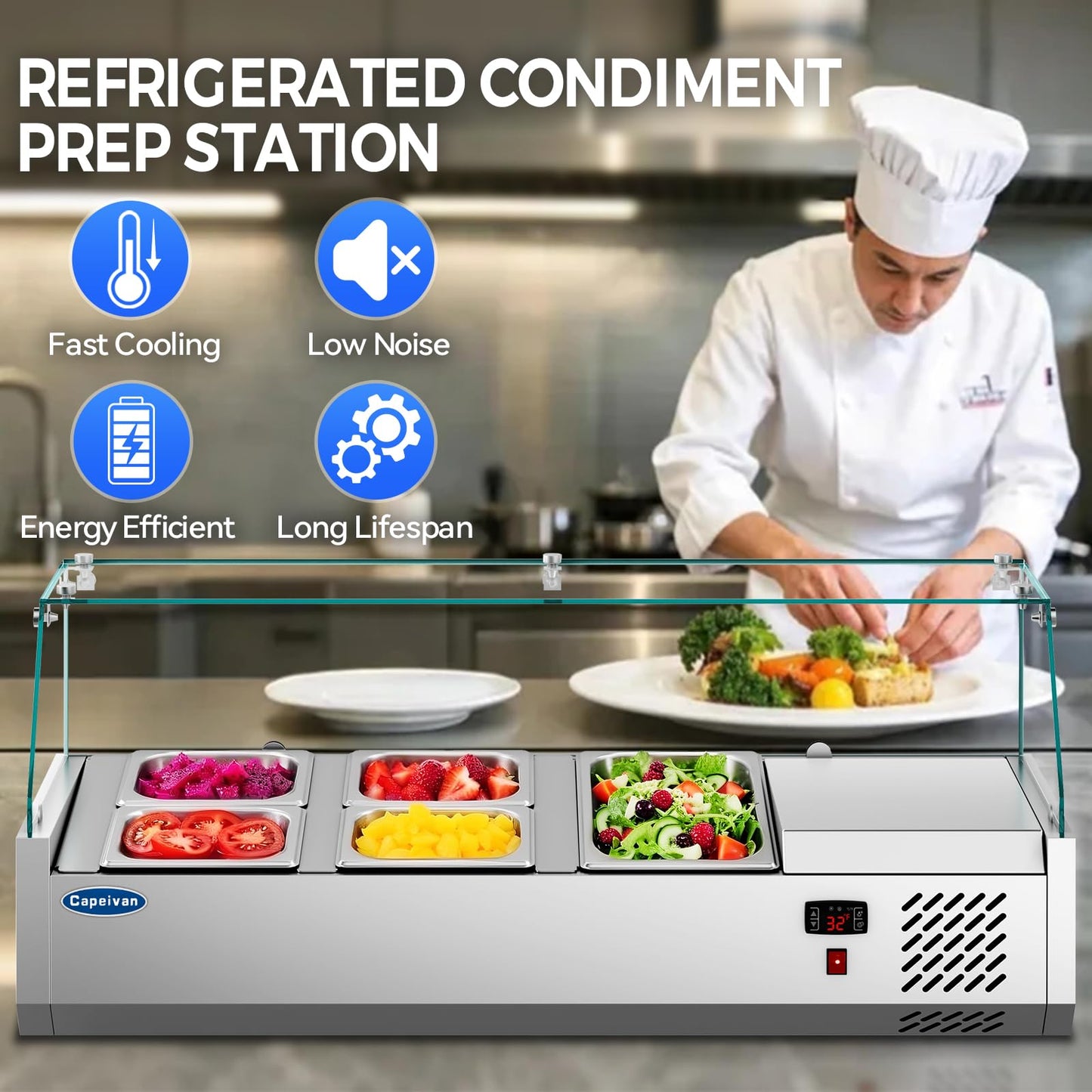 Capeivan Commercial Salad Bar Refrigerator with 3×1/3 GN Pans - 170W Countertop Refrigerated Display Case for Sandwich Prep, Cold Buffet & Portable Food Storage (0-12℃/32-53.6℉, Stainless Steel)