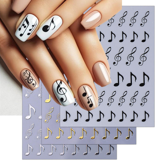 TailaiMei Music Nail Stickers, 3D Gold Black White Design Self-Adhesive Nail Art Decals for DIY Nail Decorations (510)