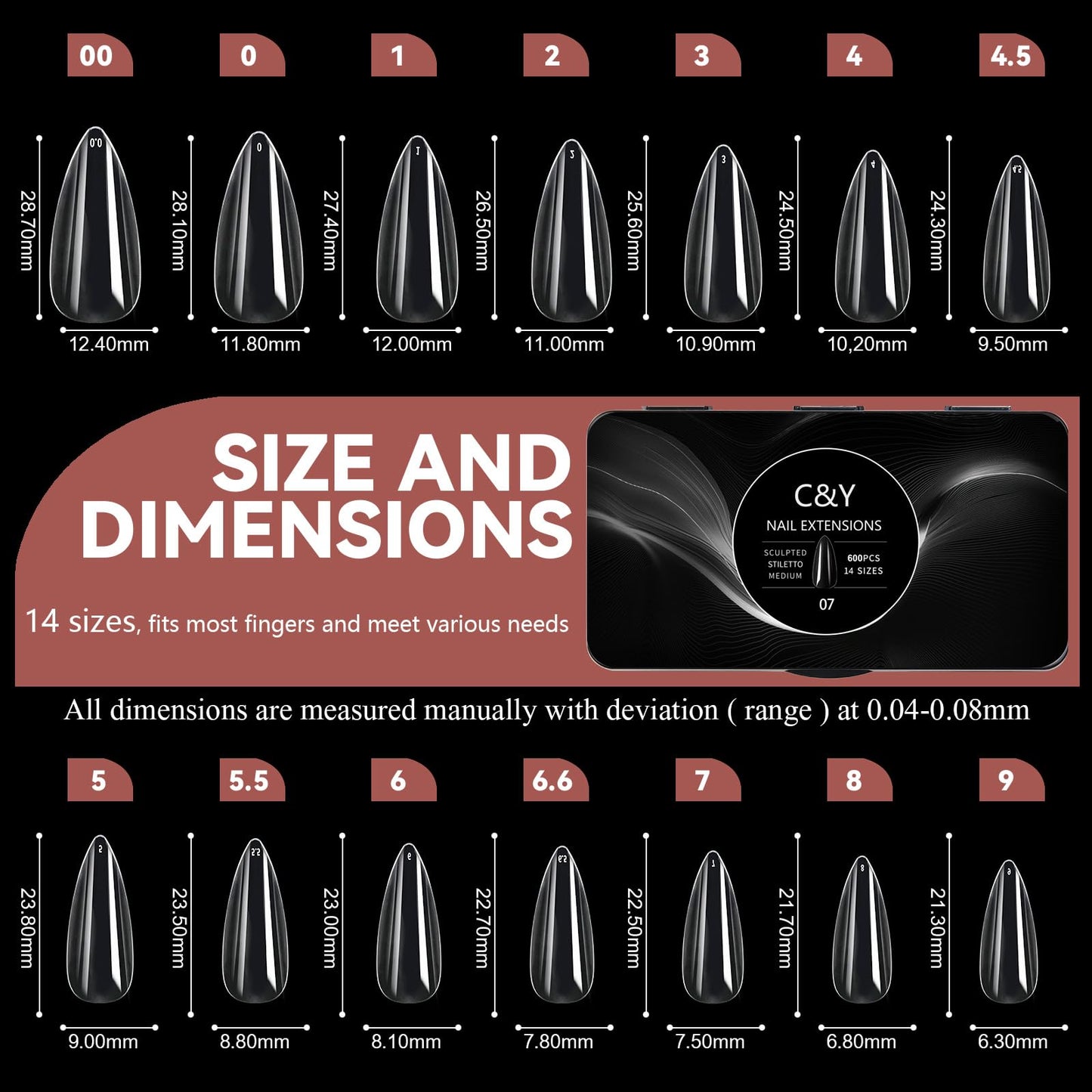 Cycullinyt 600pcs Sculpted Medium Stiletto Soft Gel Nail Tips, Professional False Nail Tips with Box - 14 Sizes Full Cover Clear Acrylic Press On Fake Nails for Extension Manicure Salon DIY at Home