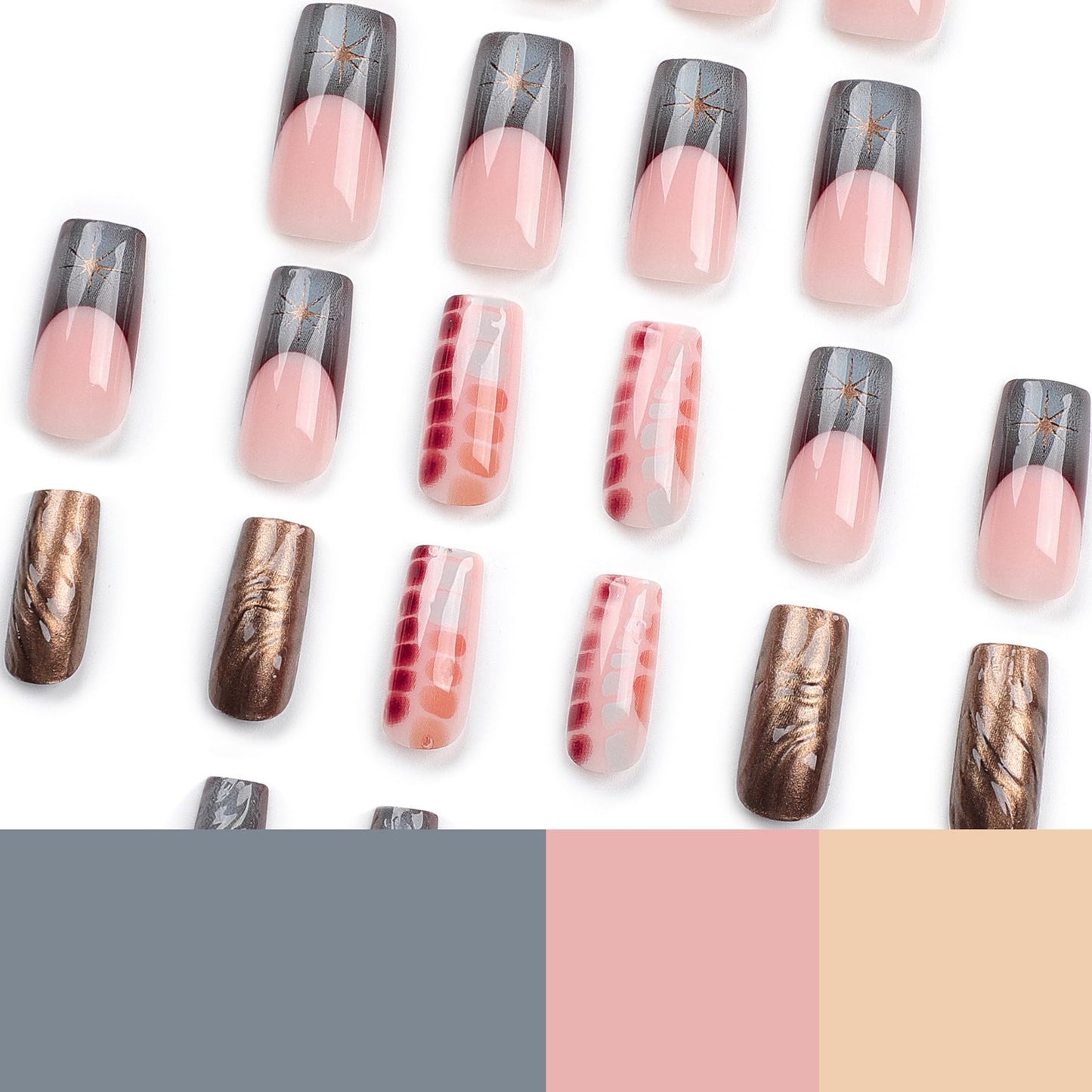 CTTHNBD Long Press on Nails Square - Brown Fake Nails with Water Wave Design - French Tip Stick on False Nails - for Women 24 Pcs