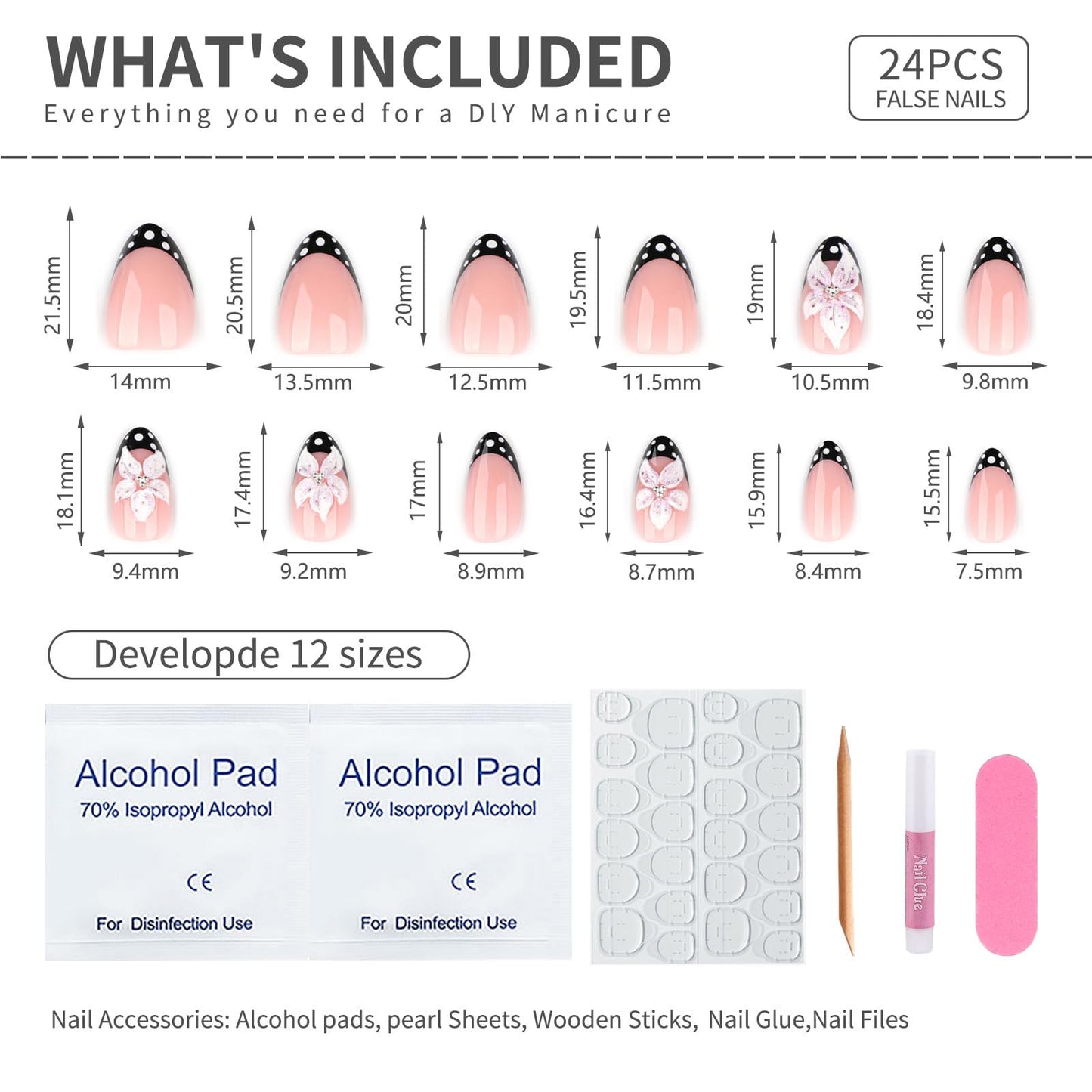 Mivota Luxury Soft Gel Press On Nails Short Almond French Tip Nude Pink with 3D Flower & Polka Dot Design, Reusable Glue On Fake Nails for Women, Salon Quality Manicure Set
