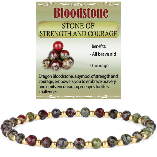 QOGIR Dragon Bloodstone - Strength and Courage - 14K Gold Plated Beads Natural Gemstone Stretch Elastic Dainty Healing Beaded Bracelets Gifts 4mm