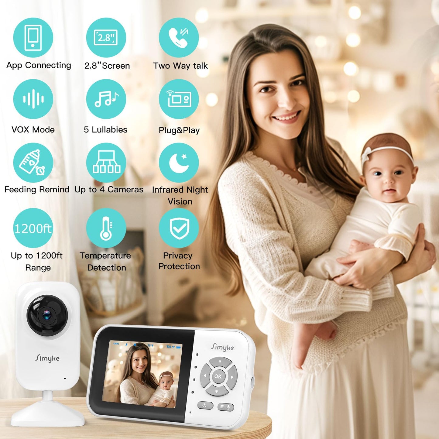 Simyke Upgrade Video Baby Monitor,WiFi Baby Camera,2.8" Display and App Control,1200ft Long Range,2 Way Talk,Auto Night Vision,Sound Alert,VOX,Temperature Sensor 5 Lullabies Feeding Remind,Home Use