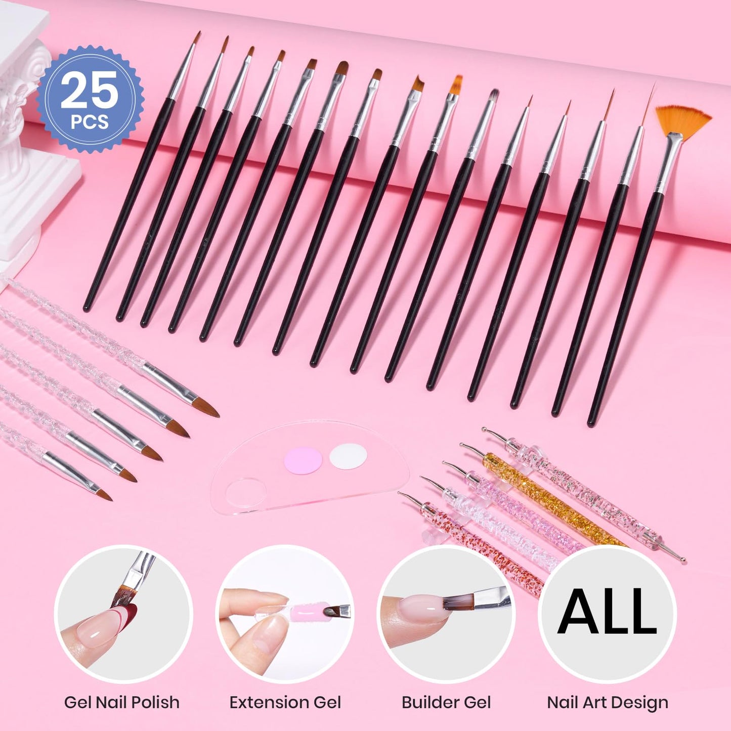 Beetles Nail Art Brushes 25pcs - Confetti Pens Daul Ended Dotting Tools & 5pcs Nail Art Liner Brushes Set Painting