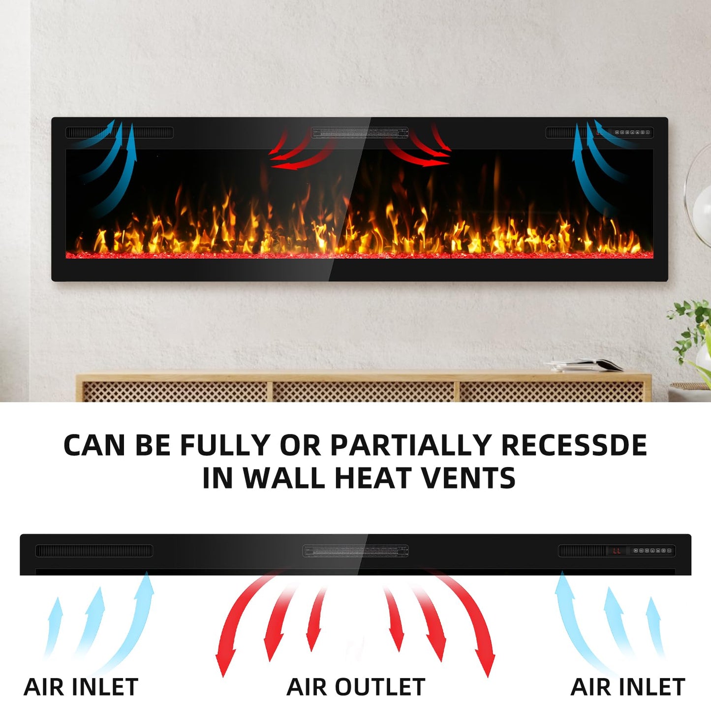 68 inch Electric Fireplace Inserts and Wall Mounted with Remote Control & Touch Screen 1500W Fireplace Heater Ultra Narrow Frame