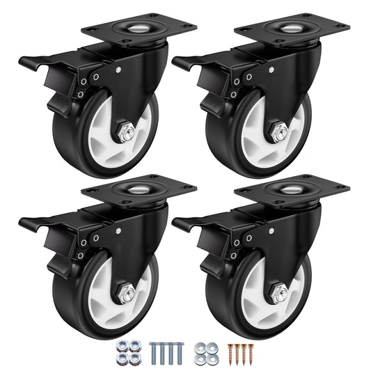 ASHGOOB 4 Inch Heavy Duty Casters Set of 4 with Brake - 1400 Lbs Capacity Industrial Swivel Plate Casters, Non-Marring PU Wheels for Workbench Furniture Cart