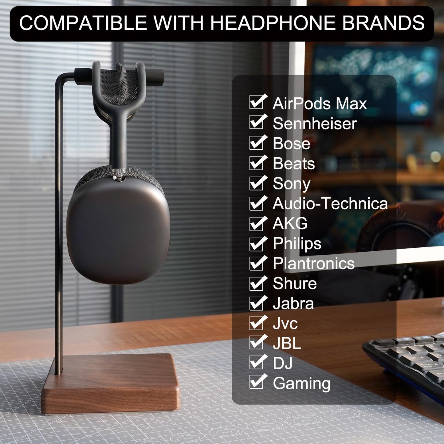 GEVO Headphone Stand Headset Holder - Headset Metal Mount Rack for Desk with Walnut Wooden Square Base for Gaming, AirPod Max, Bose, Sony, Razer, Jabra, JBL