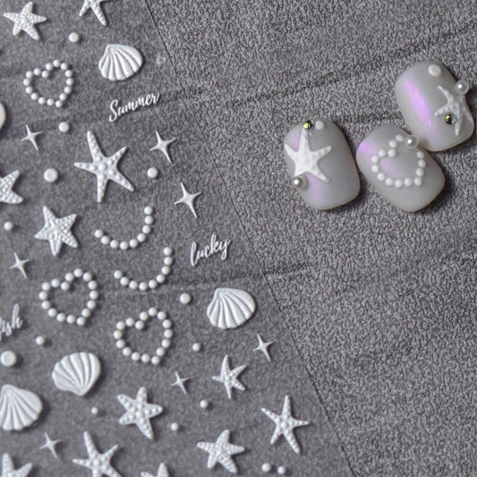 Phuryllic 3D Nail Stickers for Nail Art, Embossed Self-Adhesive Cute Nail Charms & Decals for DIY Nails, Easy-to-Apply Nail Design Supplies & Accessories for Home Manicure-White Shells Starfish
