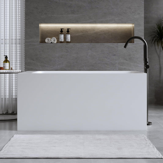 GDFStudio 51" Solid Surface Freestanding Bathtub, Matte White Resin Stone Soaking Tub with Overflow and Pop-Up Drain, Anti-Slip Stand Alone Deep Soaker Tub for Modern Bathroom Spa Relaxation