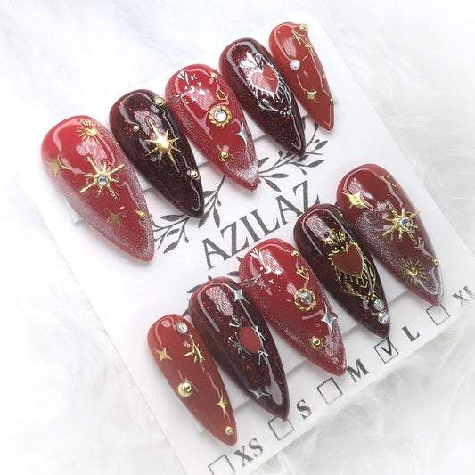 Handmade Press On Nails,Y2k,Red & Golden Star,Medium Stiletto10-Piece Set (Size XXS-XL) (XL)