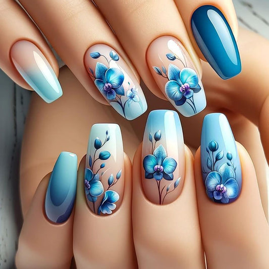 TBRZTR 24Pcs Blue Gradient Press on Nails Medium Ballet Shaped Blue Flower Pattern Design Full Cover Glossy Floral Stick on Nail Medium False Nail Artificial Acrylic Press Ons Glue on Nail for Women