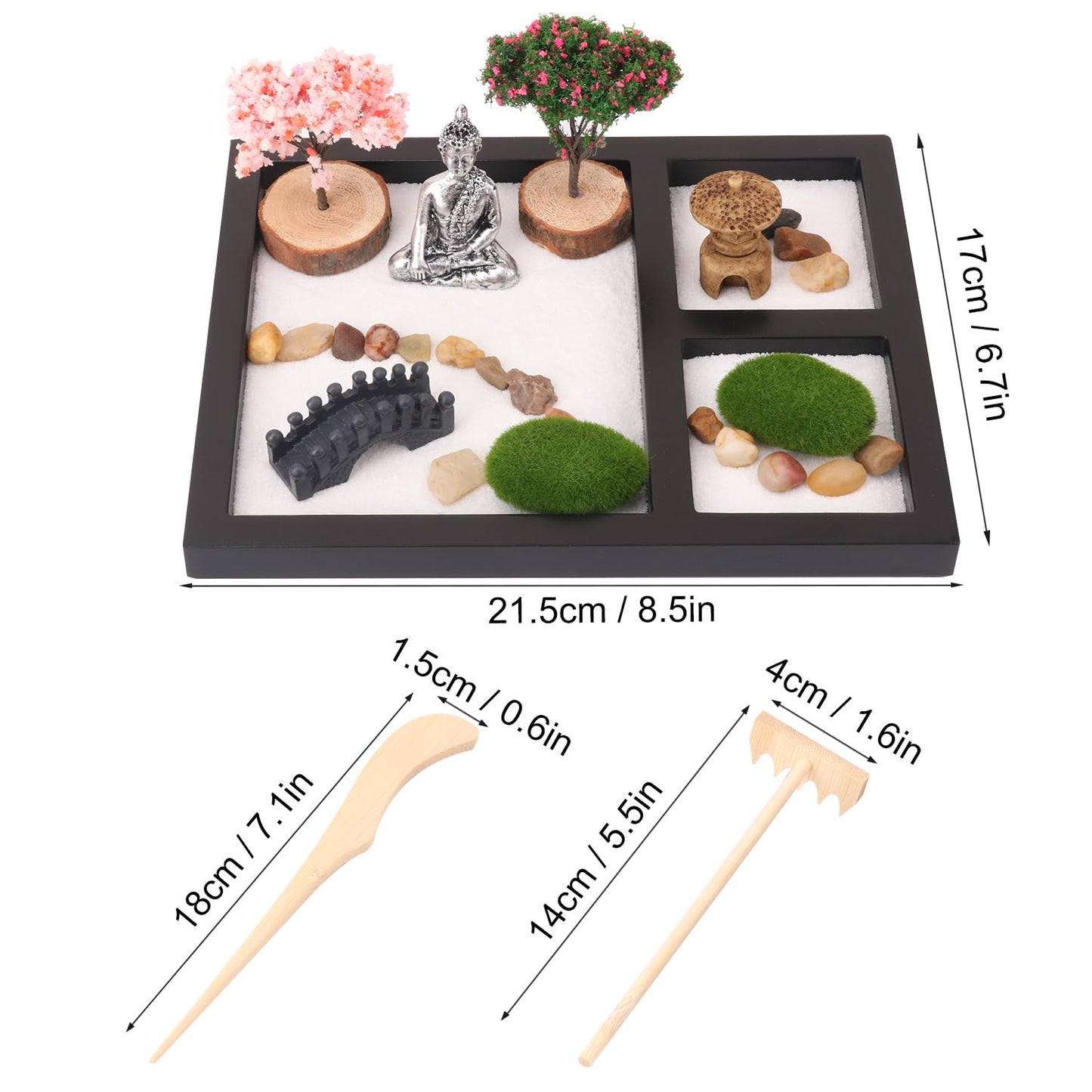 Zen Garden Kit, Mini Zen Garden for Desk - Zen Sand Garden for Office Decor with Pebble, Zen Sand, Bridge, Algae, Buddha & Rake Tool Zen Garden for Meditation