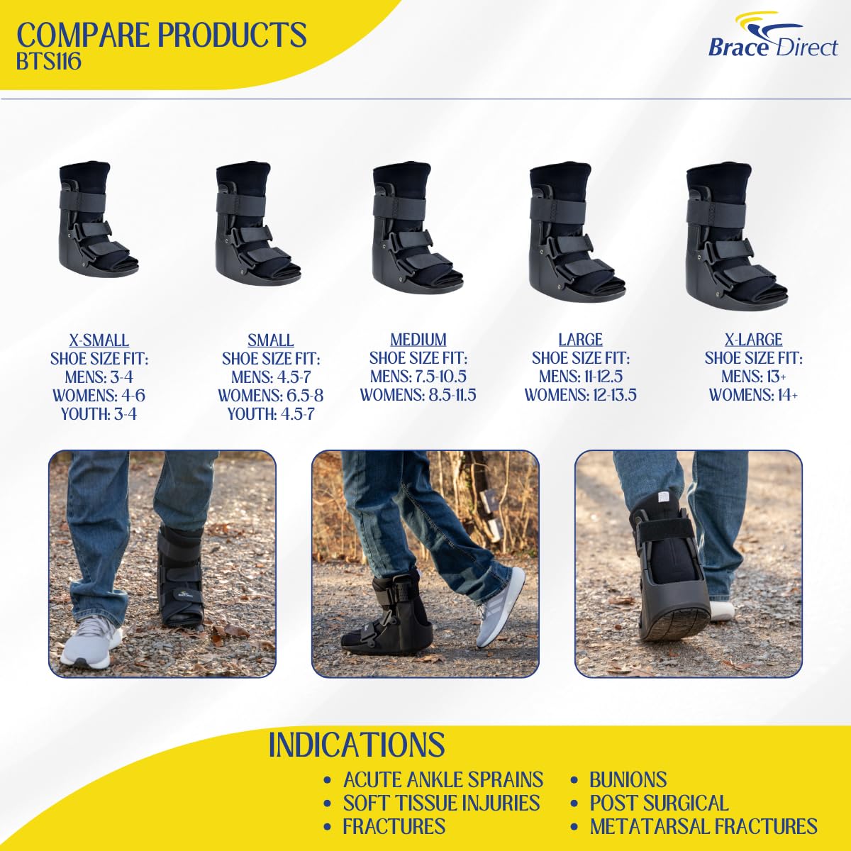 Brace Direct CAM Walker Fracture Boot Short - Lightweight Walking Boot for Foot & Ankle Injuries, Sprains & Stress Fractures - Doctor-Recommended (Men’s 4.5–7 / Women’s 6.5–8)
