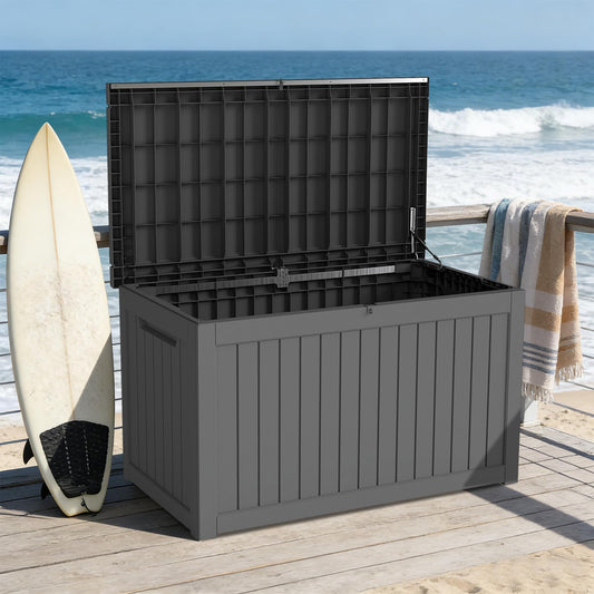 GALUBUBU 230 Gallon Patio Storage Box, Outdoor Resin Deck Box with Hydraulic Lid, Lockable & Waterproof for Garden Tools, Furniture Cushions, UV Resistant Outside Storage, Black