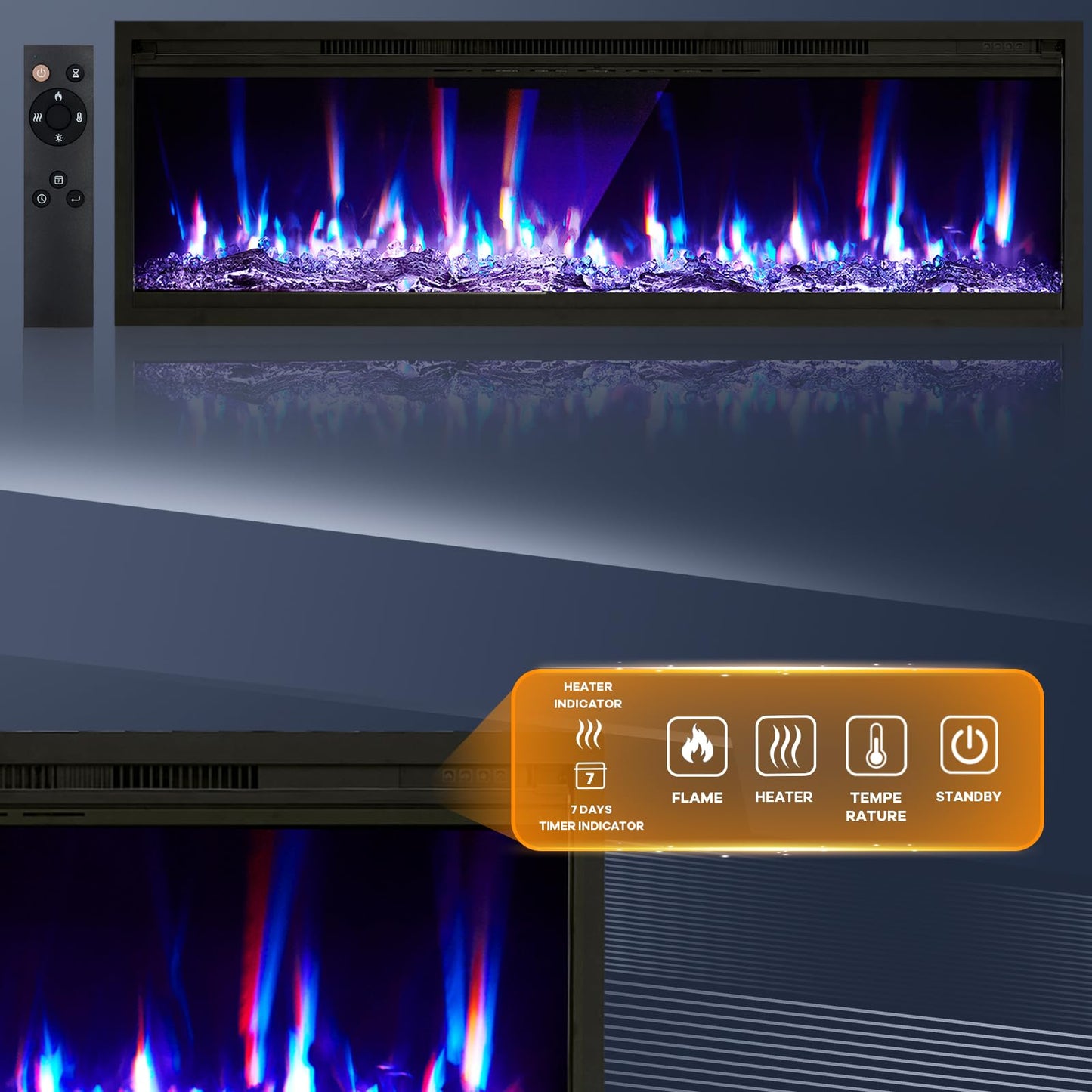 Garvee 50 in Electric Fireplace Inserts, 750/1500W Recessed and Wall Mounted Fireplace Heater with Remote Control, Adjustable Flame Color & Brightness, 9H Timer, Log & Crystal, Black