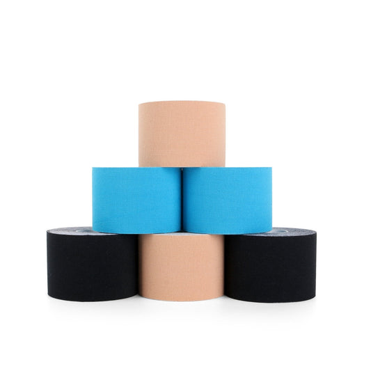 Kinesiology Tape 6 Rolls, Waterproof Kinetic Tape Muscle Tape for Injured Muscle Recovery & Joints Support, 2 Inch x 16.4 Feet Roll (Beige, Black, Blue)