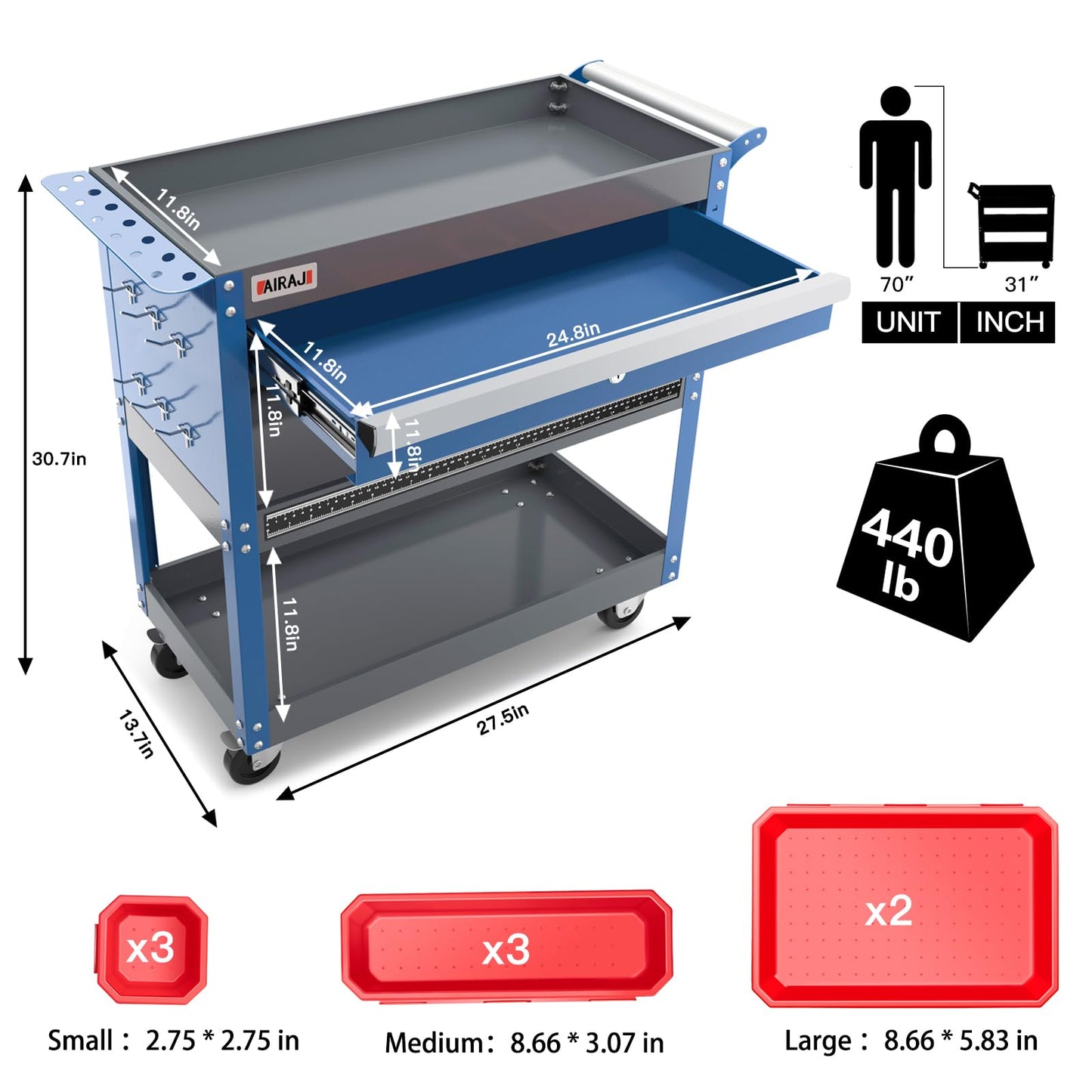 AIRAJ 3 Tier Rolling Tool Cart,Mechanic Tool Cart on Wheels,Industrial Utility Cart with Drawers and Pegboard,440 LBS Capacity Tool Storage Cart for Garage,Warehouse,Blue