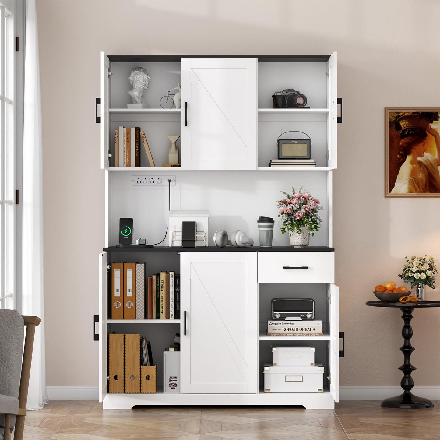 71" Tall Kitchen Pantry Storage Cabinet with Charging Station,Farmhouse Buffet Cabinet with Microwave Shelf,Large Kitchen Hutch Cabinet Doors & Drawer,Food Pantry for Dining Room,Living Room (White)