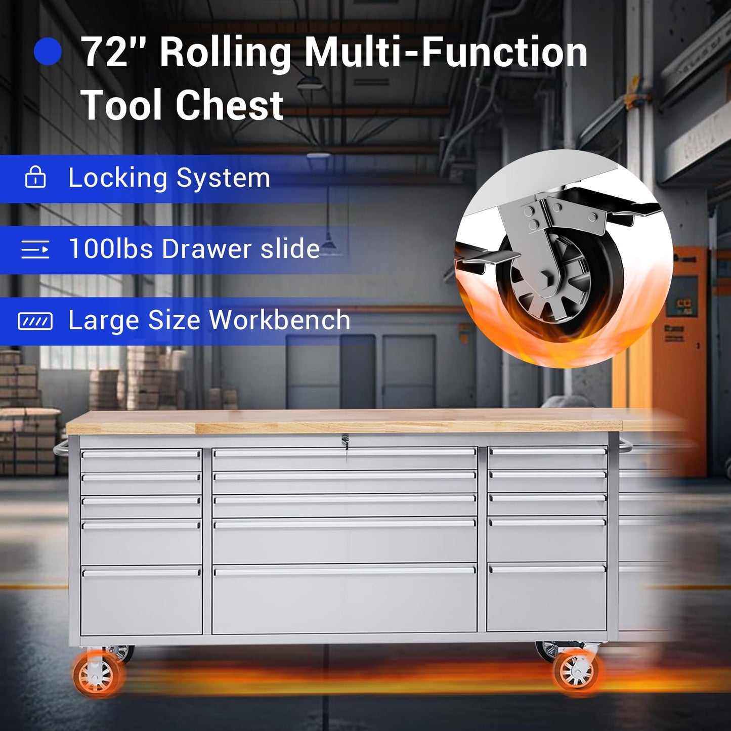 CHETTO C 72 inch Tool Chest Tool Box Mobile 15 Drawers Storage Rolling Cabinet with Wheels Lock Key Locking System Drawer Liners for Garage Warehouse Repair Shop