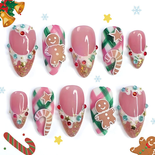 HOSAILY Cute Pink Winter Press on Nails Short Almond Fake Nails with 3D Embossed Gingerbread Man Candy Star Design Rhinestone Glue on Nails,30pcs Glossy Bling Stick on Nail Press ons for Women