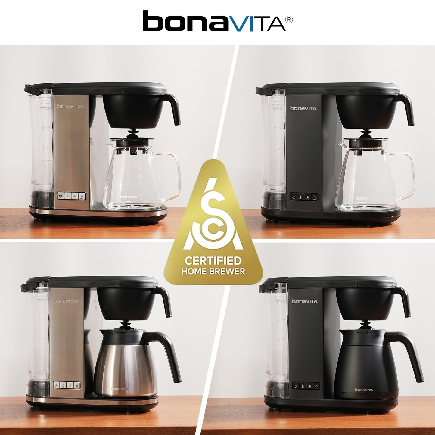 Bonavita Enthusiast 8 Cup Drip Coffee Brewer, Pour Over, SCA Certified Coffee Machine with Thermal Carafe, Stainless Steel Panel, Removable Reservoir, Matte Black