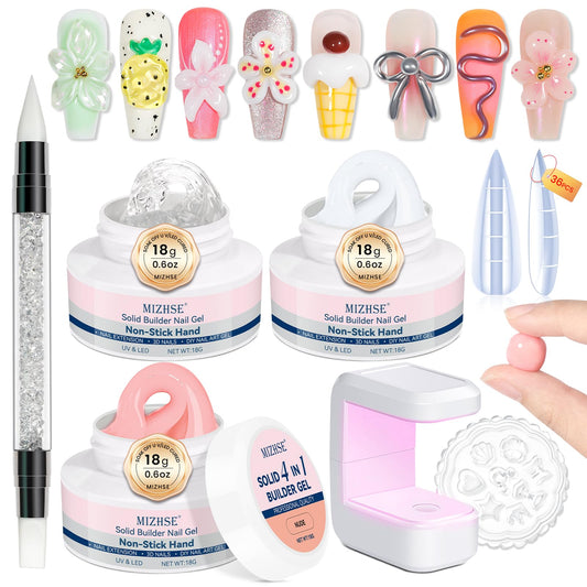 MIZHSE Solid Builder Gel Nail Kit with Nail Lamp, 3 Colors Builder Gel Clear Milky White Nude Hard Sculpting 3D Art U V LED Gels with Dual Form