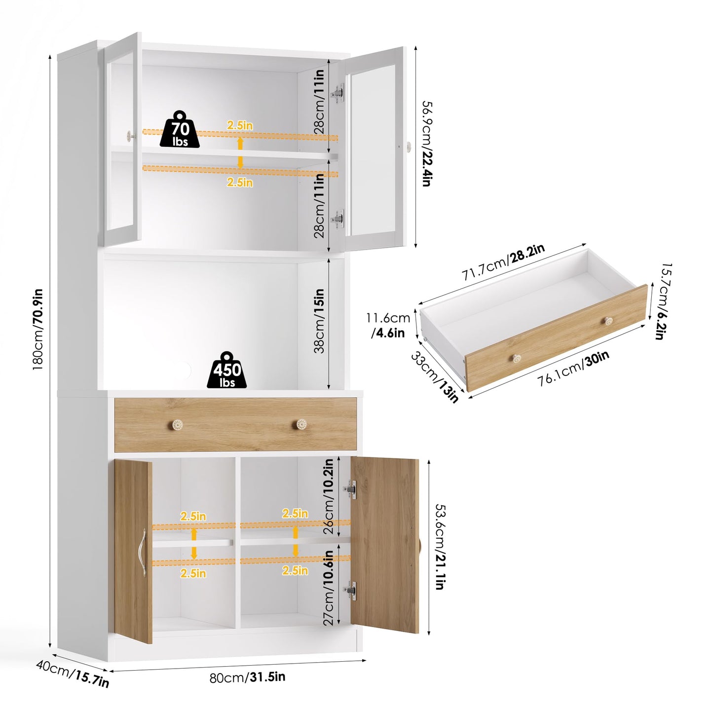 Keyluv 71" Tall Kitchen Pantry Storage Cabinet with Microwave Stand, Modern Kitchen Hutch with Countertop, Wood Coffee Buffet Hutch with Glass Doors, Drawer, Adjustable Shelves for Dining Room, Khaki