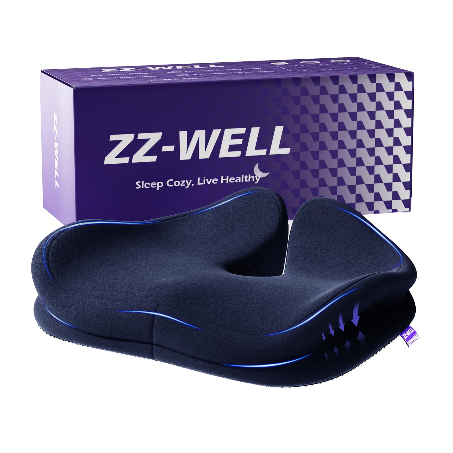 ZZ-WELL Seat Cushions for Office Chairs - Ergonomic Tailbone Pain Pressure Relief Seat Cushion - Extra Large & Thick Design Memory Foam Office Chair Cushion, 21.2" W X 16.5" L (Blue)