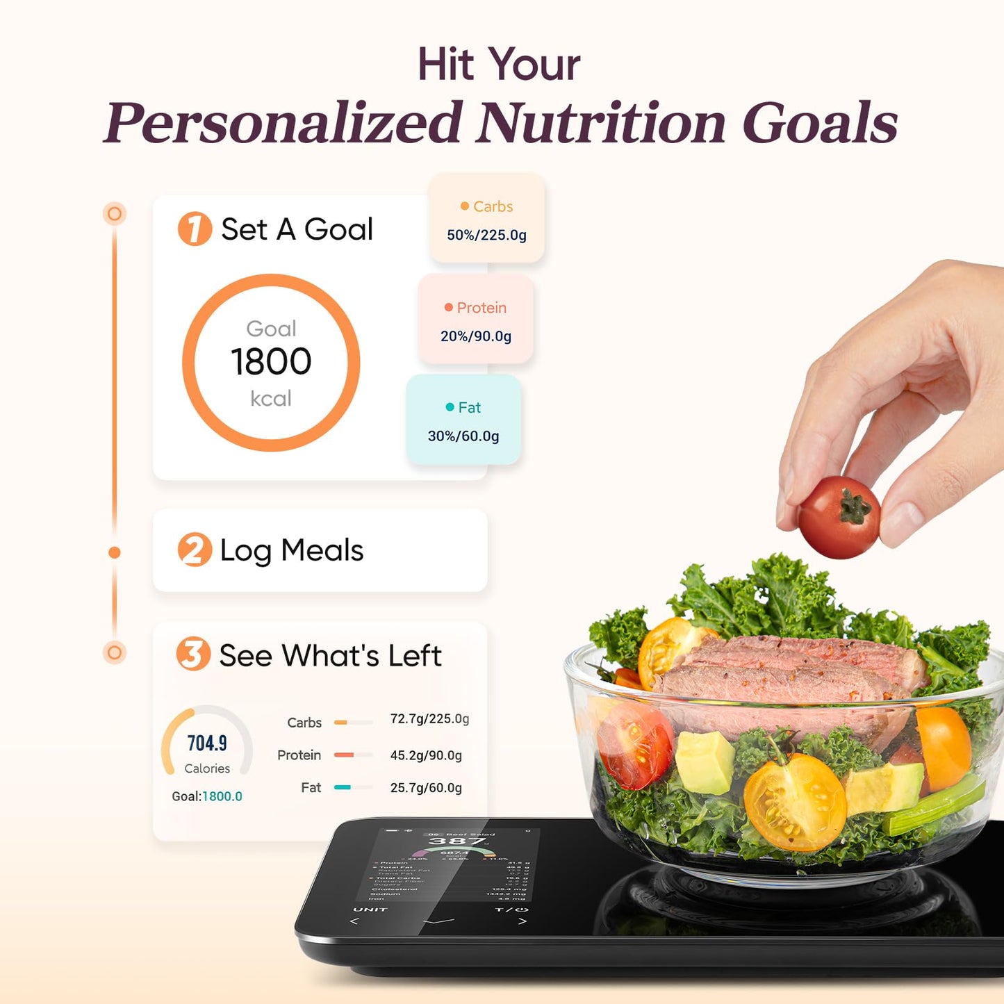 Cosori Smart Food Kitchen Scale with Nutritional Calculator, Free App for AI Scan, Calorie & Macro Tracking, Food Preload, On-Screen Nutrient Info, Personal Goals, Rechargeable, 11 lb / 5 kg