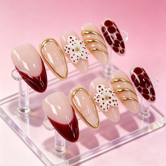 Handmade Press on Nails Almond Summer Nails Reusable 3D Flower Fake Nails French Tip Gold Accent Glue on Nails for Women 10 Count S Size