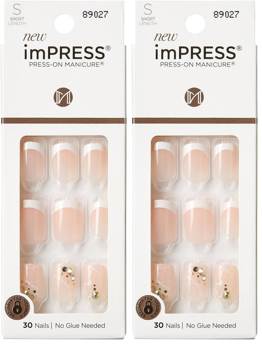 KISS imPRESS No Glue Mani Press On Nails, Design, 'My Worth', White, Short Size, Squoval Shape, Includes 30 Nails, Prep Pad, Instructions Sheet, 1 Manicure Stick, 1 Mini File (Pack of 2)