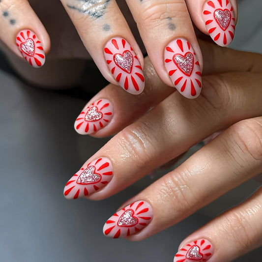 CJDLTS 24Pcs Valentines Press on Nails Short Artificial Acrylic False Nails Red Love Stripe Glossy Almond Full Cover Reusable Coffin Artificial Fingernails Stick on Nail for Women Festival Manicure