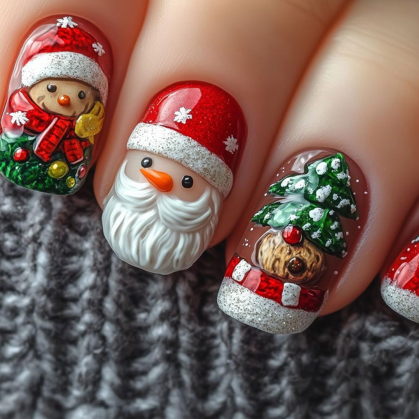 Christmas Medium Square False Nails Glossy Red Christmas Hat Acrylic Fake Nail Cartoon Santa Claus Press on Nails 24Pcs Xmas Tree Stick on Fingernails Snow Gel Glue on Nail for Women Xmas Gift