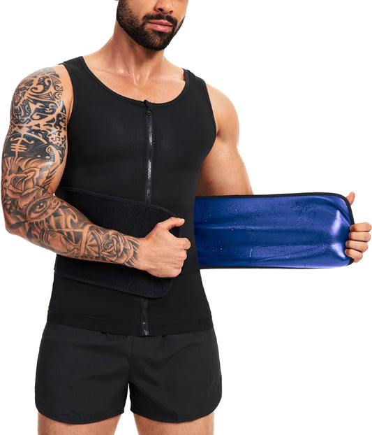 FUXERT Sauna Vest for Men Waist Trainer Sauna Shirt for Men Zipper Sweat Belt Tank Top for Belly Fat(BK S/M)
