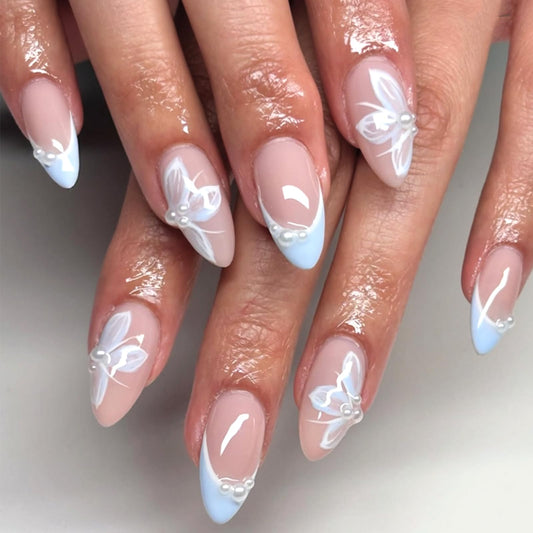 Blue French Press on Nails Medium Almond Fake Nails with Designs Cute Flower Stick on Nail Spring Summer Acrylic False Nail Pearl Artificial Nail Glossy Full Cover Glue on Nails for Women