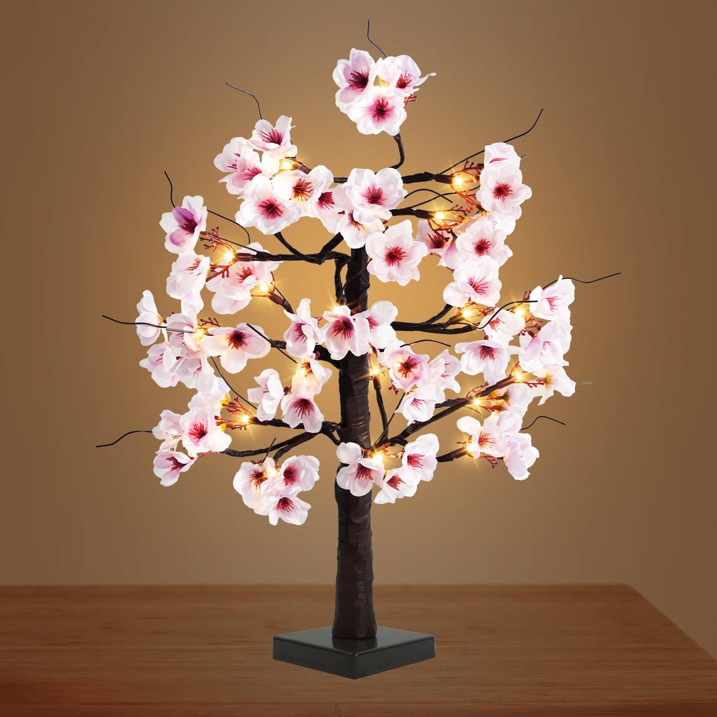 Uieke 24IN Lighted Cherry Blossom Tree 24 Warm White LED Tabletop Artifical Bonsai Tree with Timer Battery Operated for Wedding Party Spring Christmas Home Indoor Japanese Room Decor