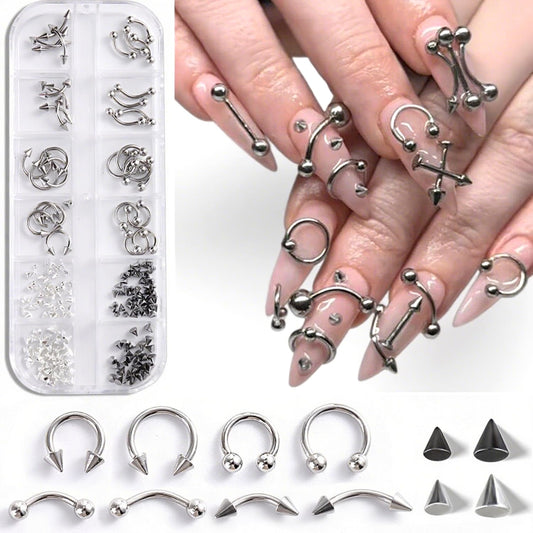 Furtherpretty Piercing Nail Charms Set, 3D Silver Alloy Goth Punk Nail Art Decorations, Triangle Spike Rivets & Metal Rings, Y2K Pierced Nail Charms for DIY Manicure & Salon Accessories