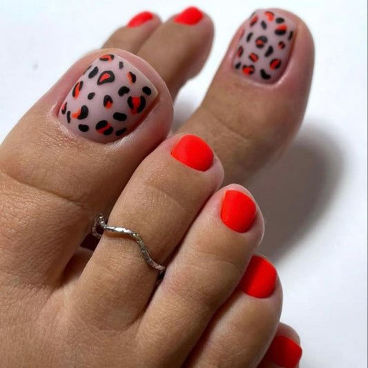 Red Press on Toenails Short Square False Toenails with Black Red Leopard Design Spring Stick on Toenail Glossy Summer Glue on Toenail Full Cover Red Fake Toe Nails for Women Girls Manicure 24Pcs