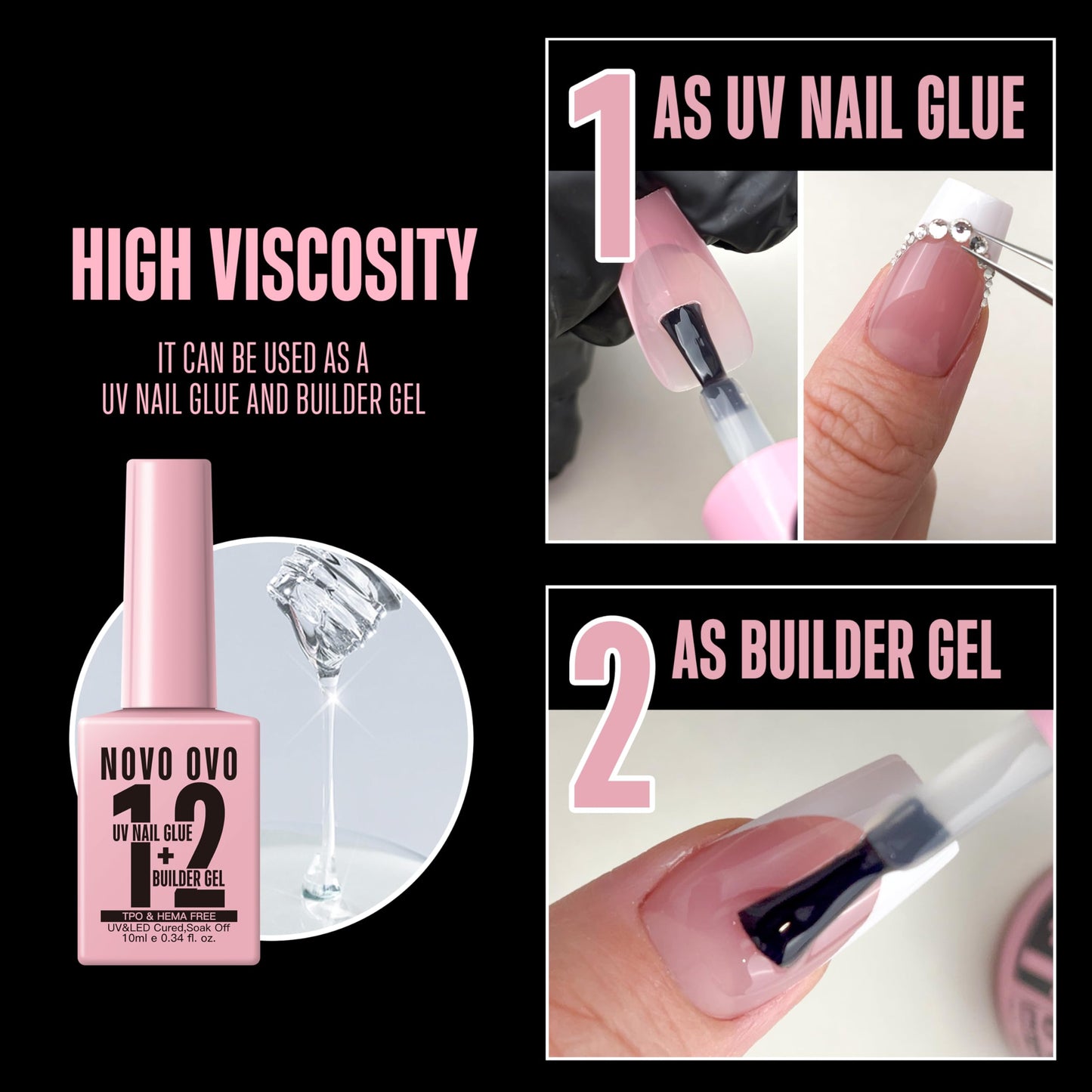 NOVO OVO UV Nail Glue and Builder Gel 2 in 1, No Wipe Top Coat Kit for Predesigned French Tip Nail Tips, HEMA TPO FREE, Super Strong Adhesive for Press on Acrylic Nails, Long Lasting, Easy to Use